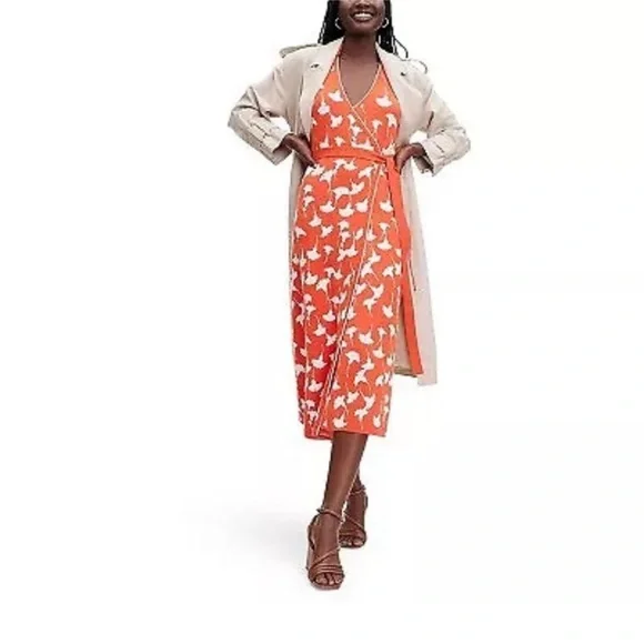 DVF Women's Collared Sleeveless Ginkgo Cherry Tomato Sweaterknit Midi Wrap Dress - Picture 3 of 4